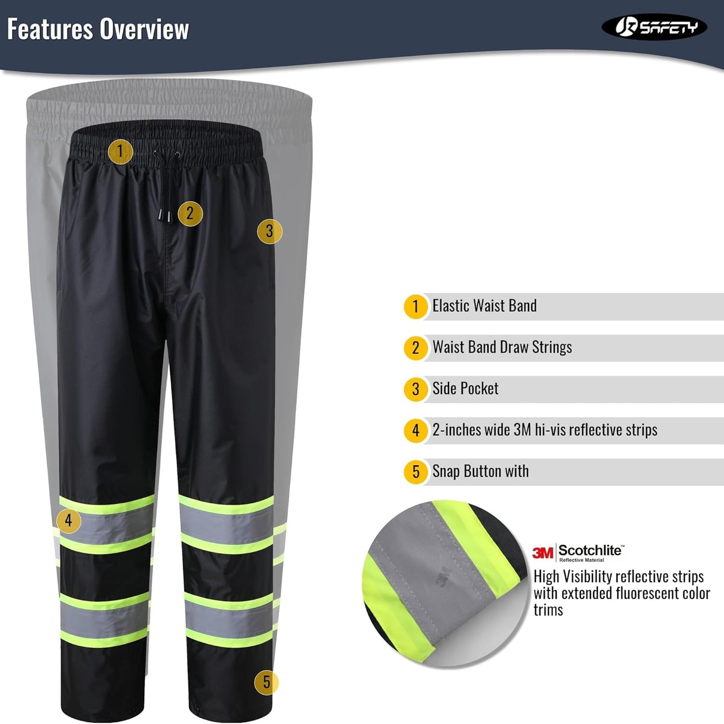 JKSfafety Rain Pants Men with Hi Vis 3M Reflective Strips Black XL | Rain Pants for Men Women Waterproof Breathable Mesh Lining 4 Reflective Tapes for Construction & Outdoor Work Day and Nigtht