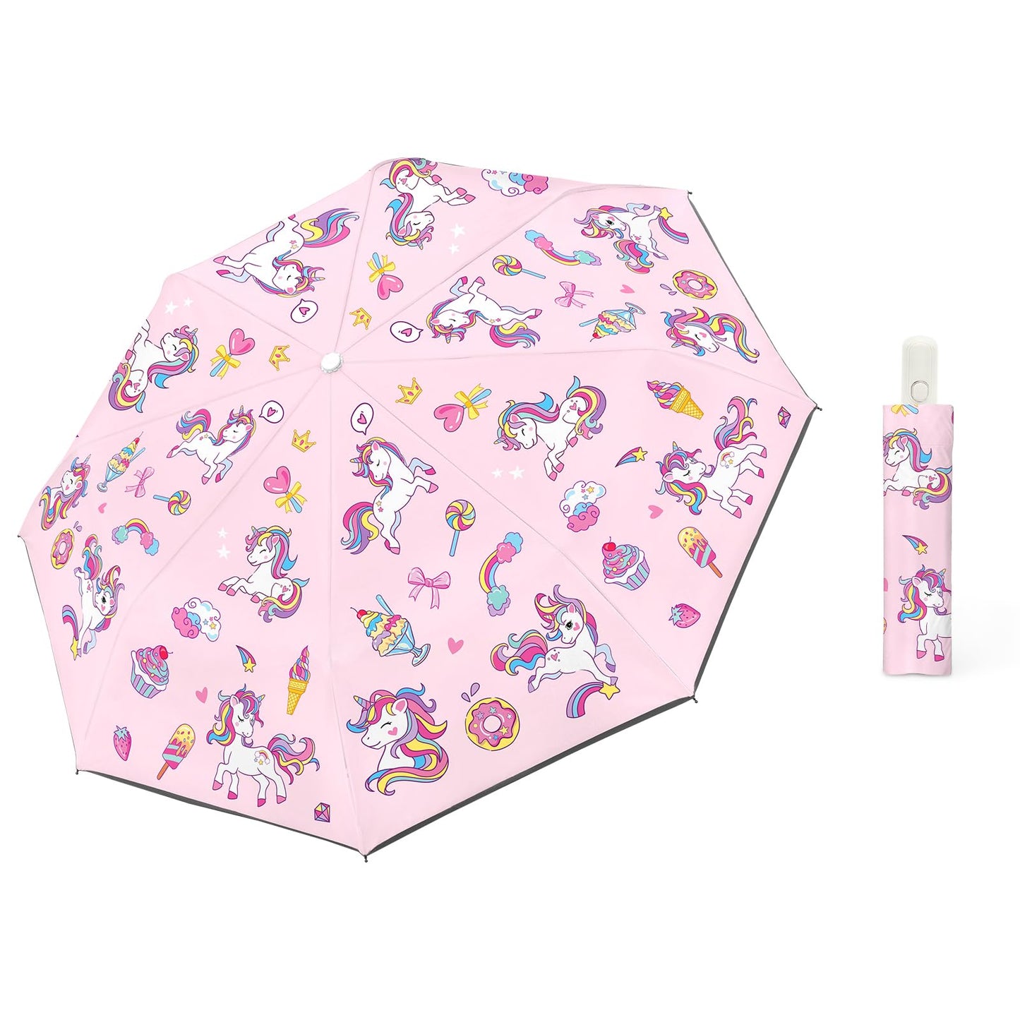 Autoamtic Kids Umbrella UV Resistant, Folding Compact Umbrella 360° Reflective Strip for Travel Outdoor, Lightweight Cute Kids Parasol Anti-rebound Safe for Toddler