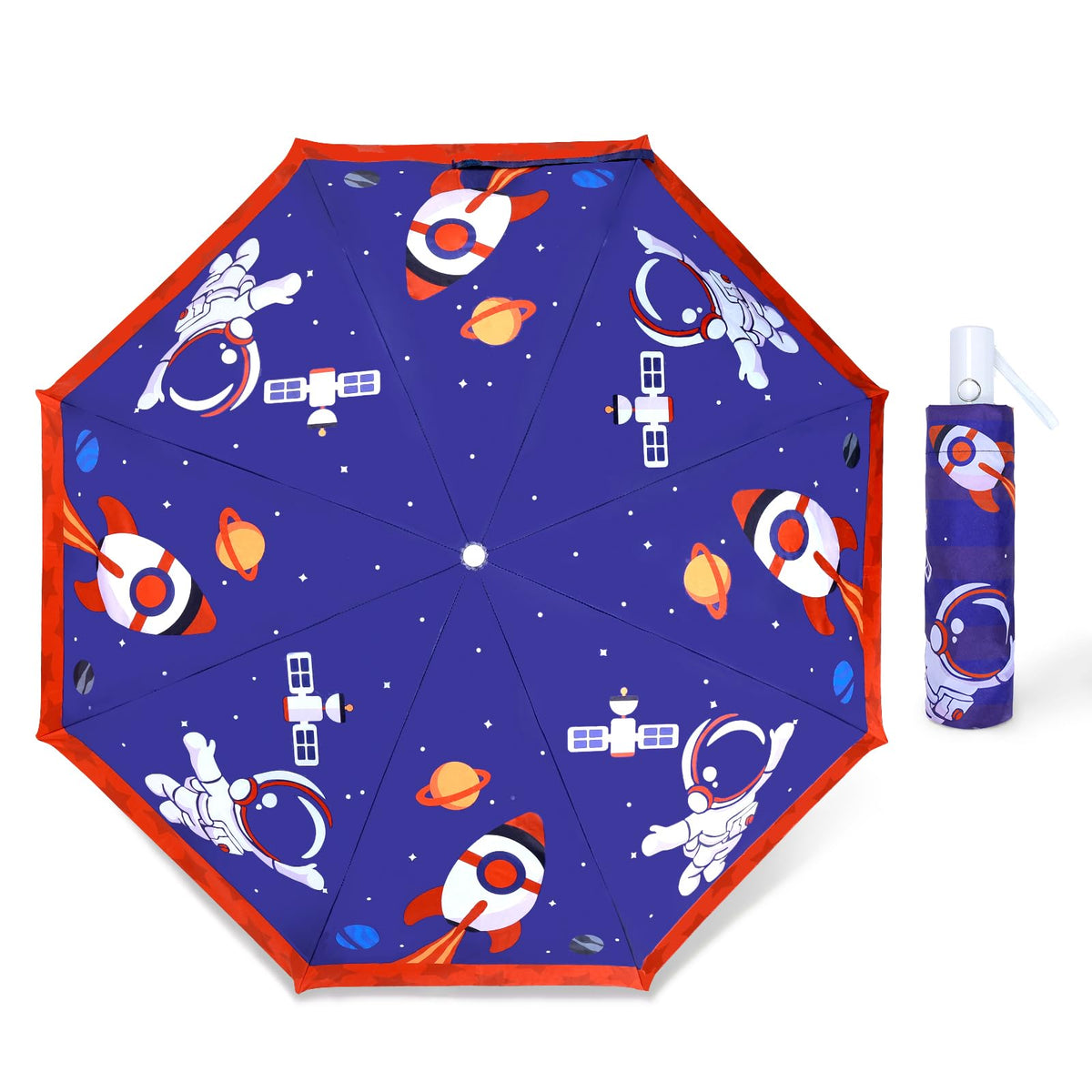 Kids Folding Umbrella Auto Open/Close Anti-rebound Safe Design UV Resistant Automatic Children Travel Umbrellas 8 Rib Reinforced Canopy 360° Reflective Strip Lightweight Cute Umbrella for Girls & Boys