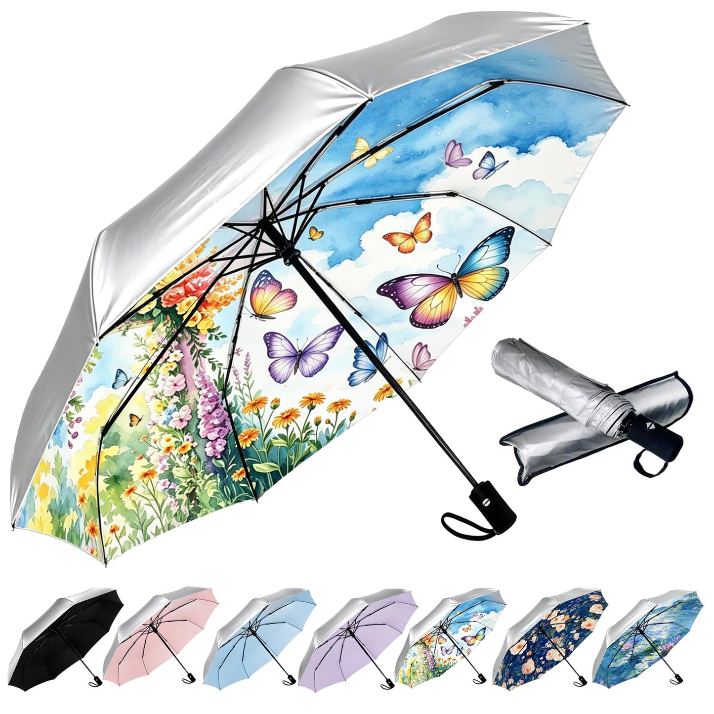Compact Travel Umbrella - Windproof Auto Open/Close, Small Folding Umbrella for Rain & Sun with UPF50+ - Lightweight Frame, Waterproof - Fits Backpack, Purse, Suitcase.(Garden Butterfly)