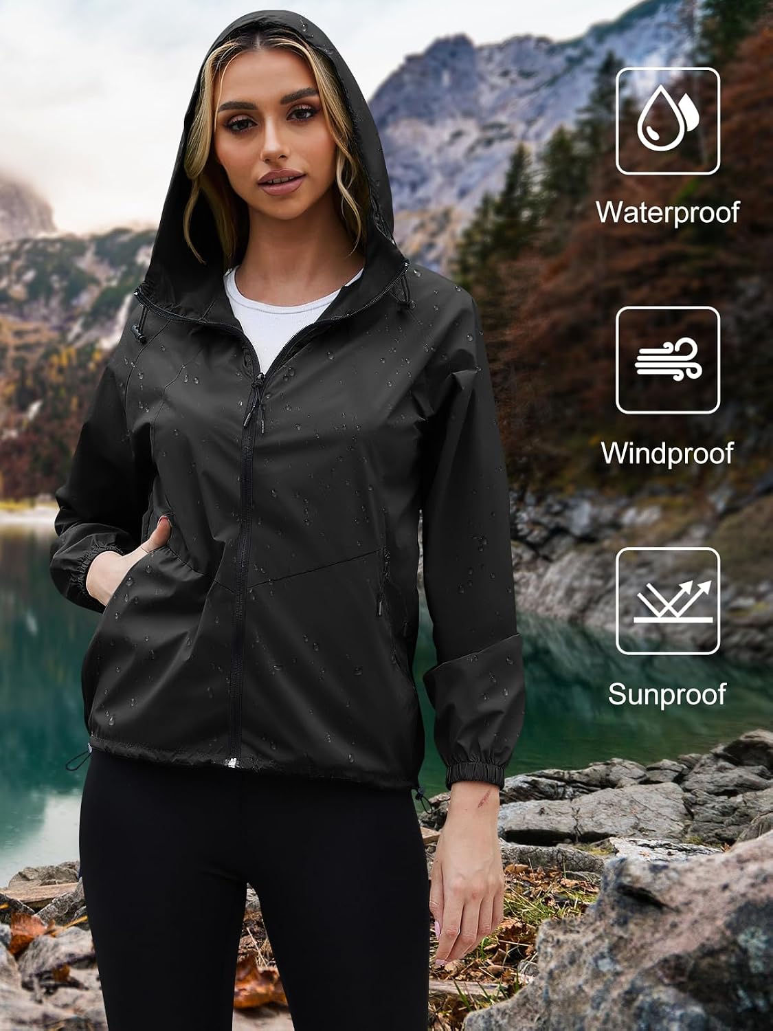 PITINAN Lightweight Rain Jacket Women Packable with Hood Travel XS-3XL | Lightweight, Packable, Folds into Pouch, Ultra Thin, Waterproof Shell Jacket Women,For Hiking/Travel Outdoor