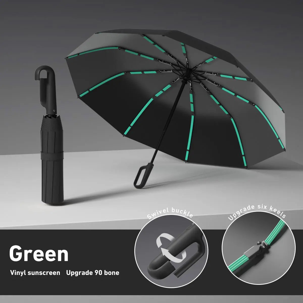Green Foldable Rainproof Automatic Umbrella, 1 Count Compact Ring Buckle Windproof Reinforced Umbrella, Durable Innovative Sun-protection Folding Umbrella for Women, Pocket Umbrella, Wind Resistant Umbrella, UV Umbrella, Suitable for Rainy Days Outdoor
