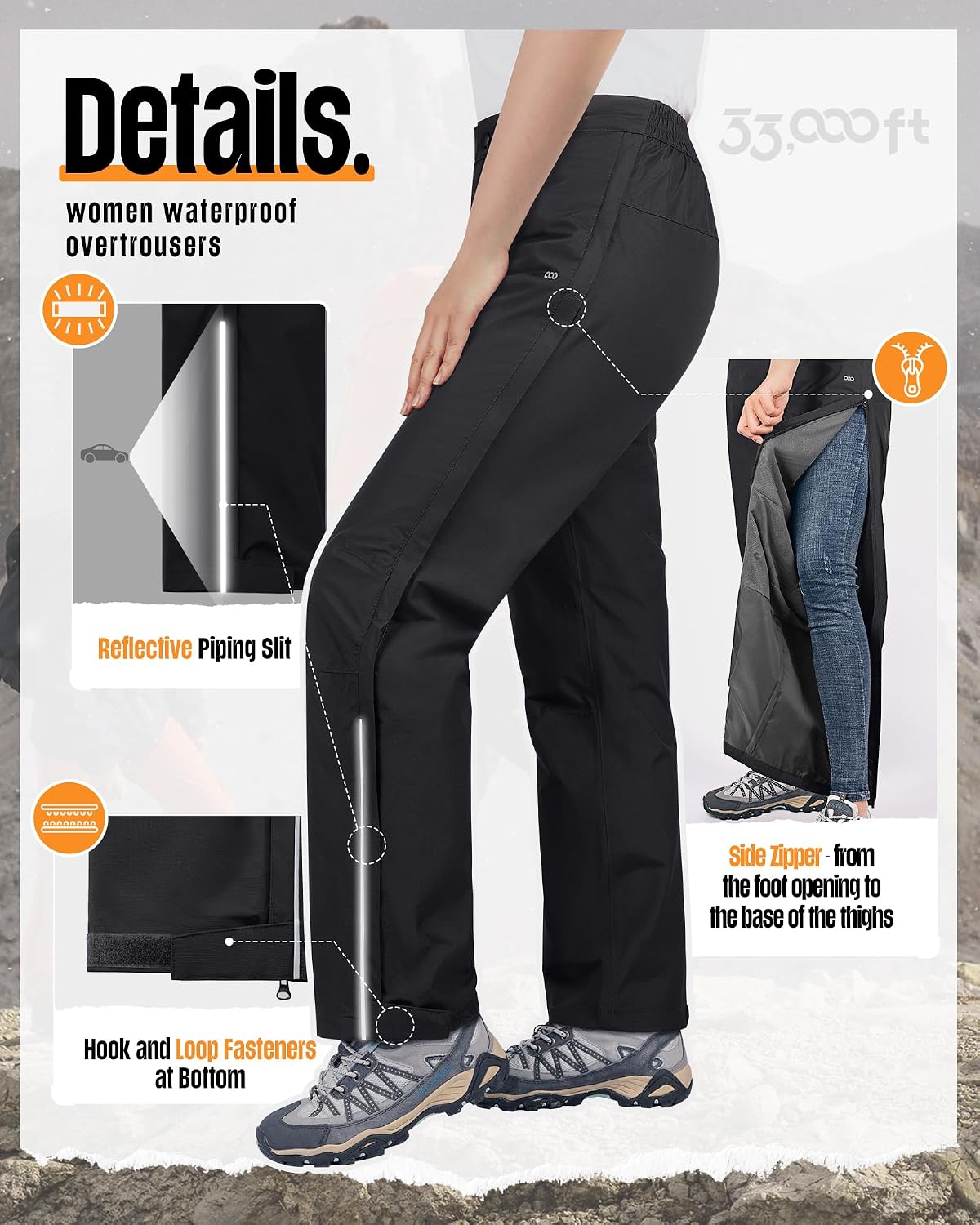 33,000ft Women's Side Zipper Rain Pants Lightweight Rain Over Pants | Waterproof Breathable Windproof Outdoor Pants for Hiking, Fishing, Golf, Reflective Strip, Hook & Loop, Storage Pouch