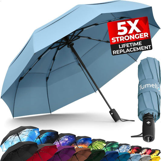 Strongest Windproof Travel Umbrella (Compact, 100MPH Wind-Tested), Light, Portable, One-Handed Use, Automatic Folding Rain Umbrella, Durable, Premium Grip, Fits Car & Backpack