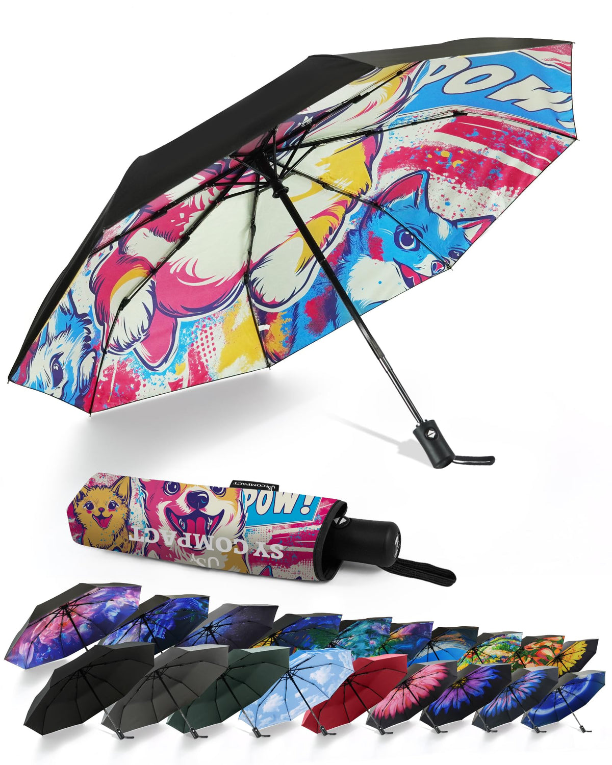 SY COMPACT Travel Umbrella - Windproof Automatic Compact Umbrellas for Rain | Small & Portable, UV Sun Protection, 11" Folded Travel Size, Fits in Backpack & Car, for Walking & Commutes, Factory Direct
