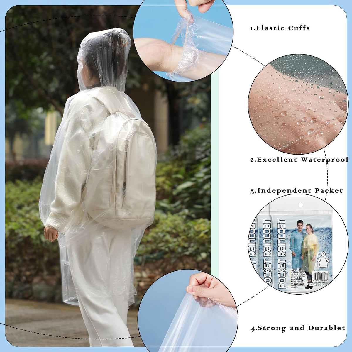 10 Pack Disposable Rain Ponchos for Adults, Card-Sized Emergency Ponchos Family Pack with Hood for Travel