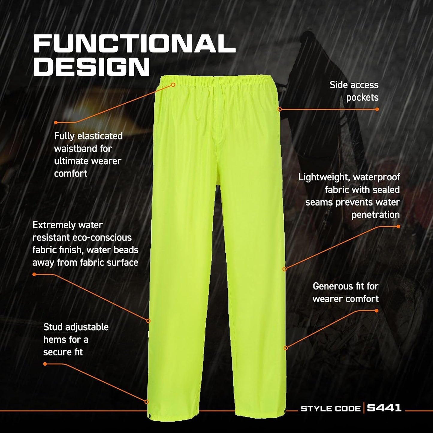 Portwest S441 Rain Trousers Machine Washable Waterproof Fabric Sealed Seams | Black, Small, 100% Polyester, Reach Compliant PVC Coating, Fully Elasticated Waistband, Side Access Openings, Sun Protection