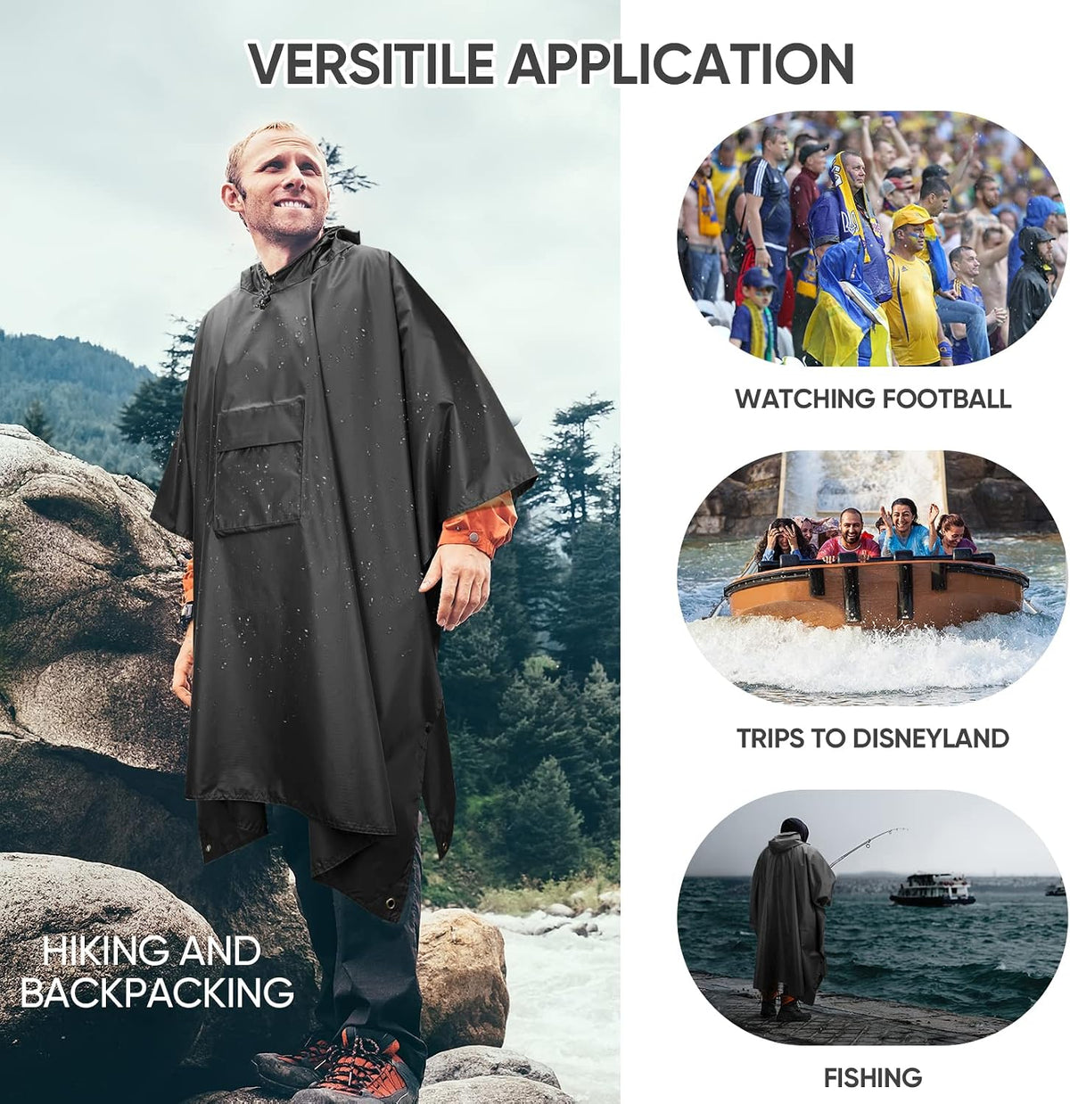 PTEROMY 3-in-1 Hooded Rain Poncho for Adult with Pocket, Waterproof Lightweight Unisex Raincoat for Hiking Camping Emergency