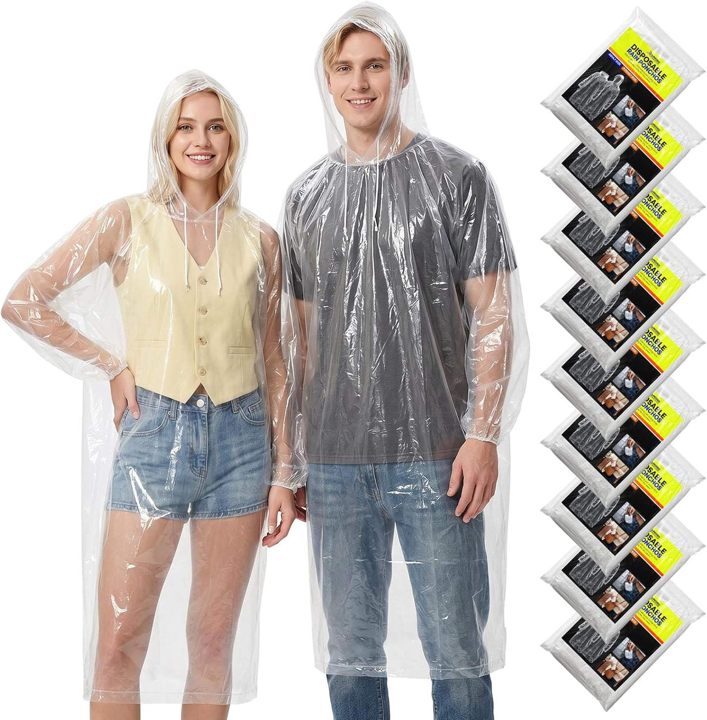 Disposable Rain Ponchos for Adults, 9 Pack Emergency Ponchos | Waterproof, Lightweight, Clear Raincoats with Drawstring Hood & Elastic Cuffs, Individually Packed for Travel Camping Hiking