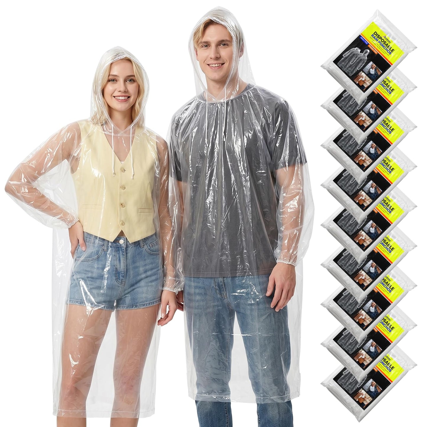 Disposable Rain Ponchos for Adults, 9 Pack Emergency Ponchos | Waterproof, Lightweight, Clear Raincoats with Drawstring Hood & Elastic Cuffs, Individually Packed for Travel Camping Hiking