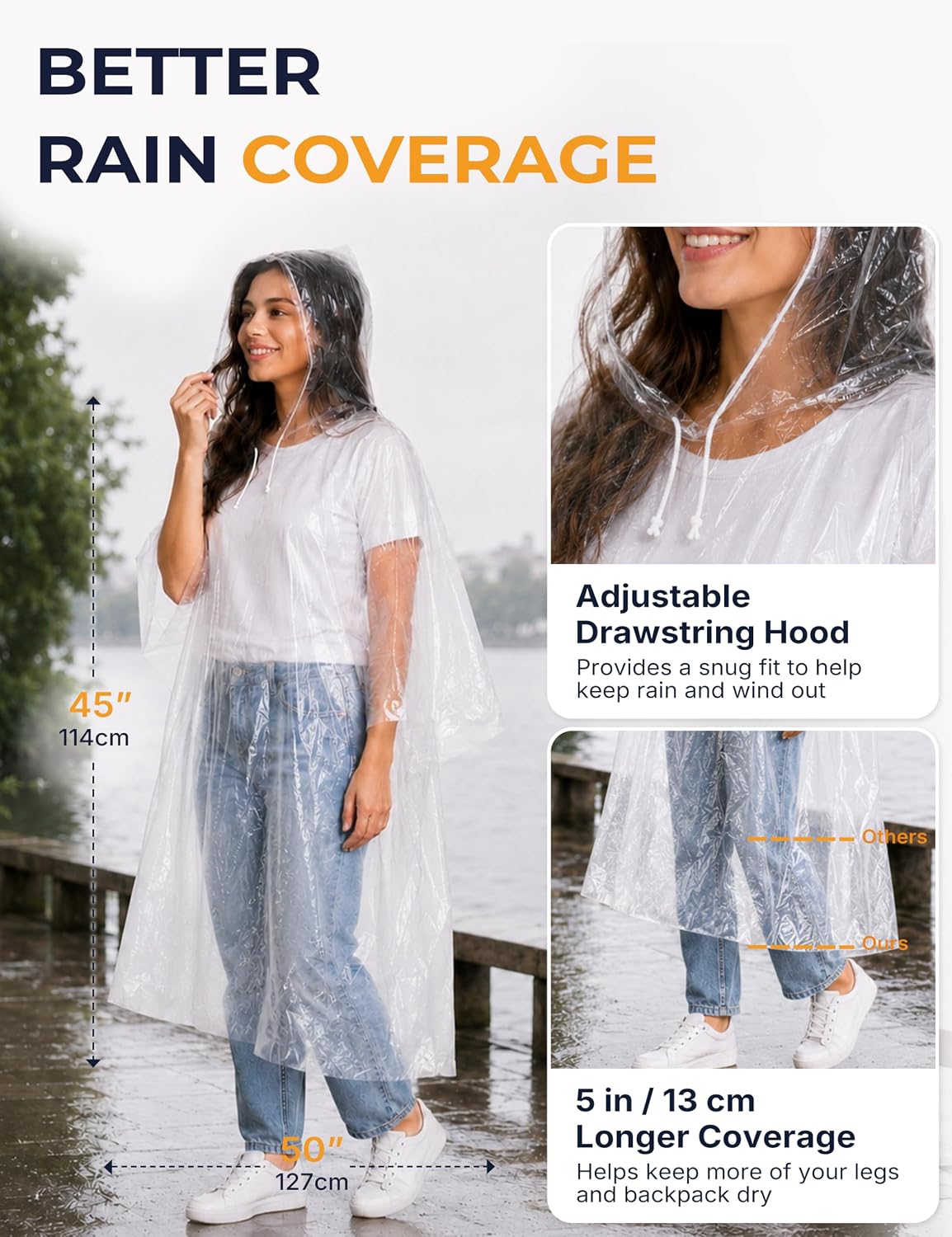 Disposable Rain Ponchos for Adults, Extra Long and Thickened with Drawstring Hood (5 Pack)