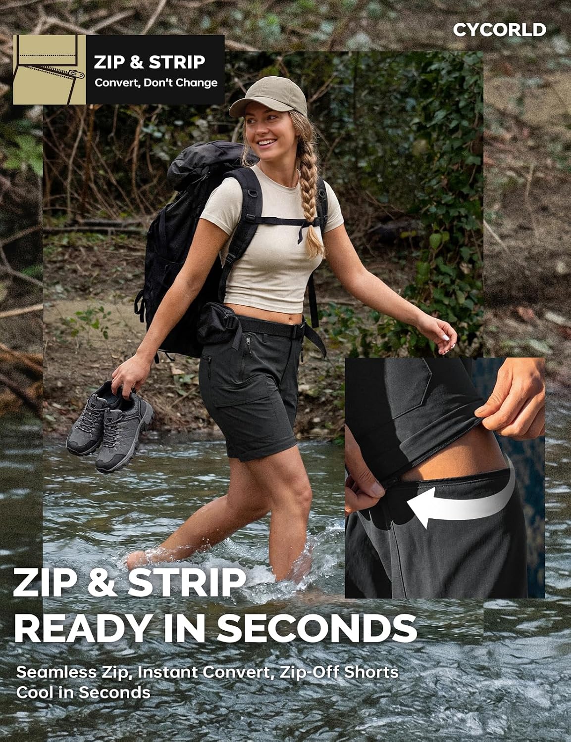 Cycorld Women's Convertible Hiking Pants Lightweight | Breathable, Quick Dry, Water Resistant, Stretch, 3-in-1, Zip off, All-Weather Adaptable, Ideal for Outdoor, Travel & Daily