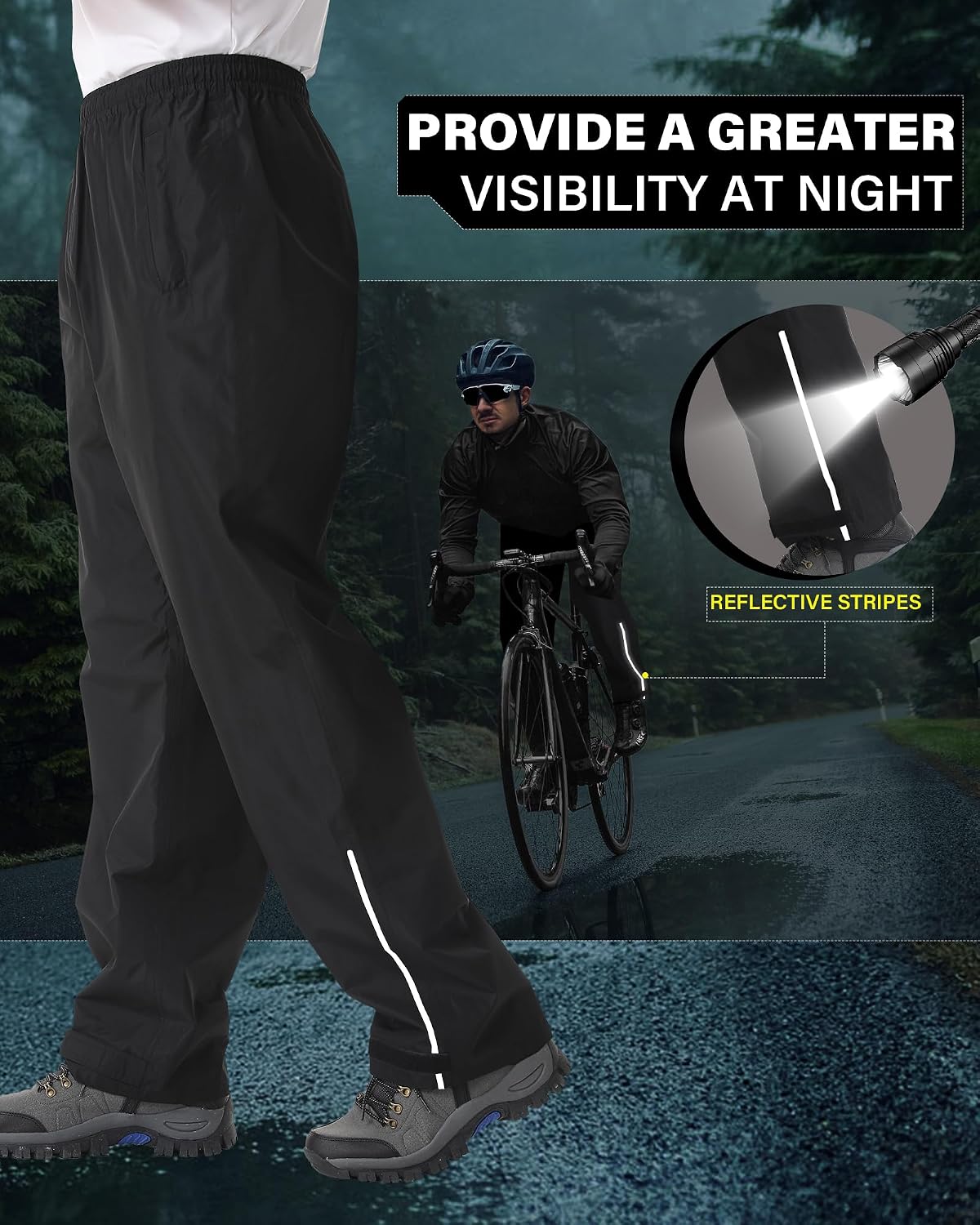 iCreek Men's Rain Pants Packable Waterproof Lightweight Hiking Over Pants | Zipper Pockets, Pants Leg Reflective Strip, Hook & Loop, Storage Pouch, for Hiking, Fishing, Golf, Work, Daily Wear