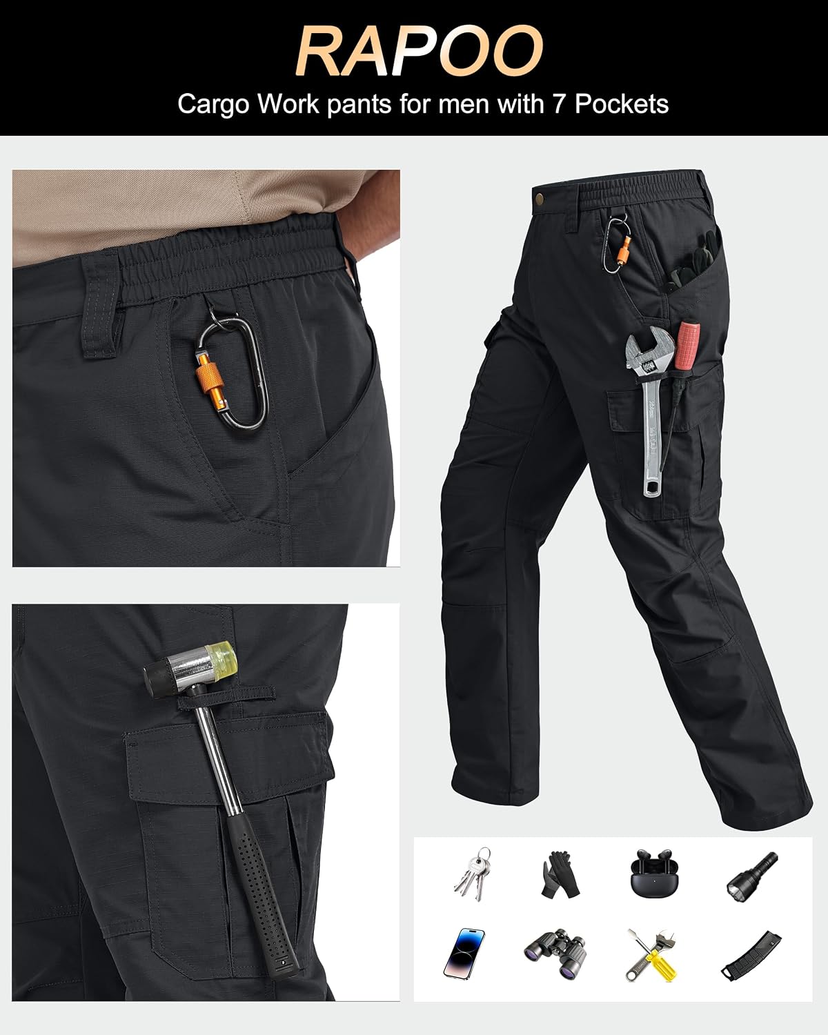 Mens Cargo Pants Ripstop Breathable Tactical Hiking Pants with 7 Pockets | Heavy Duty Multi Pockets Relaxed Fit Breathable Hunting Working Carpenter Construction Water Resistant Waterproof Outdoor