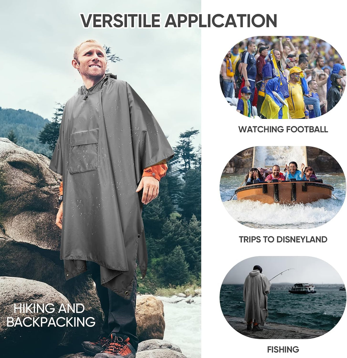 PTEROMY 3-in-1 Hooded Rain Poncho for Adult with Pocket, Waterproof Lightweight Unisex Raincoat for Hiking Camping Emergency