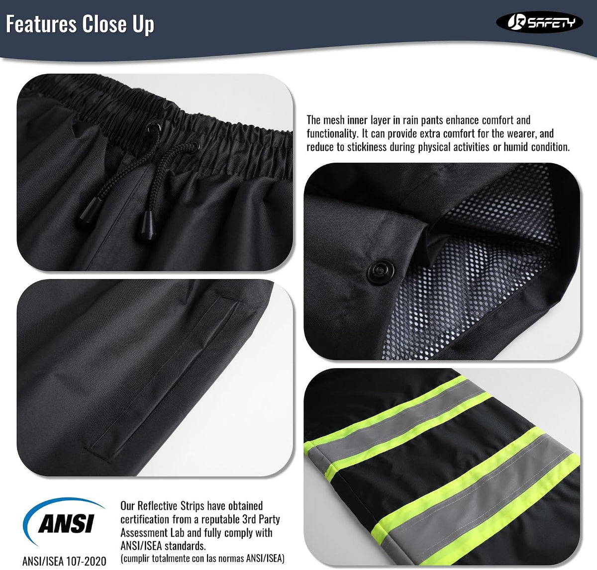 JKSfafety Rain Pants Men with Hi Vis 3M Reflective Strips Black XL | Rain Pants for Men Women Waterproof Breathable Mesh Lining 4 Reflective Tapes for Construction & Outdoor Work Day and Nigtht