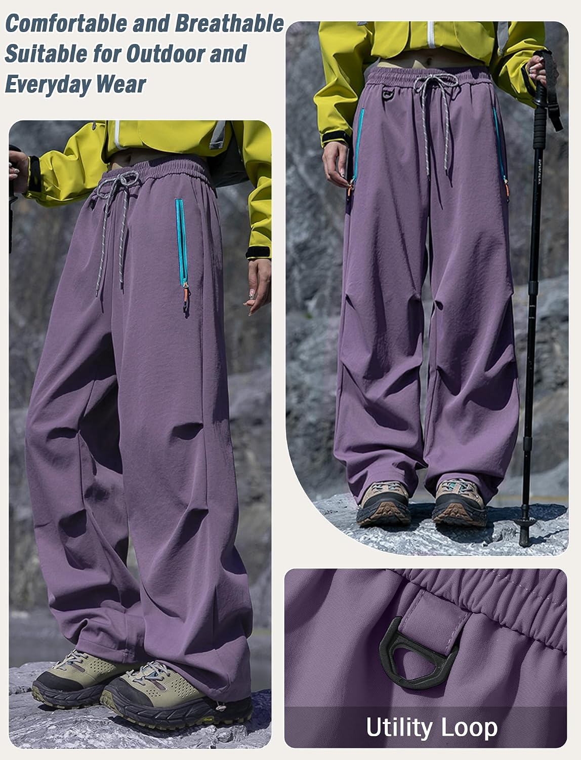 FEOYA Hiking Pants Women Parachute Pants Baggy Quick-Dry Water-Repellent | with Zipper Large Pockets Outdoor Travel Cargo Pants Casual Wear