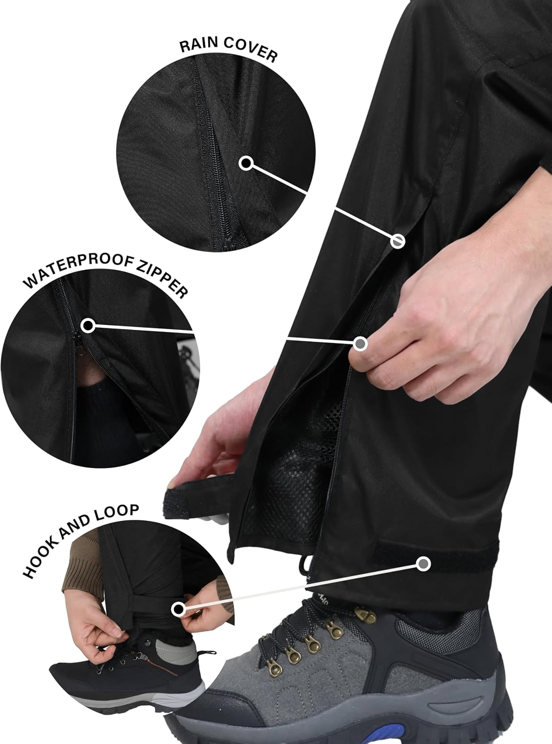 iCreek Men's Rain Pants Waterproof Breathable Lightweight Rain Over Pants | Windproof, Mesh Lining, Pants Leg Zipper, Hook & Loop, Suitable for Hiking, Fishing, Golf, Work and Daily Wear
