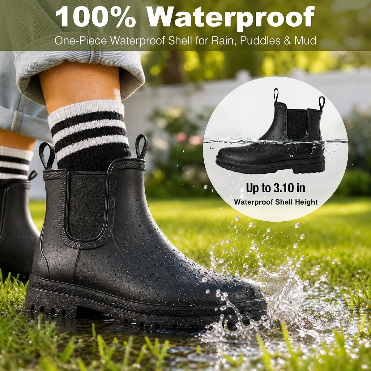 Fashion Short Rain Boots for Women, Waterproof Chelsea Ankle Boots | Non-Slip Matte Rubber Farm Boots, Lightweight Outdoor Garden Shoes And Work Booties, Arch Support, Removable Comfort Insole