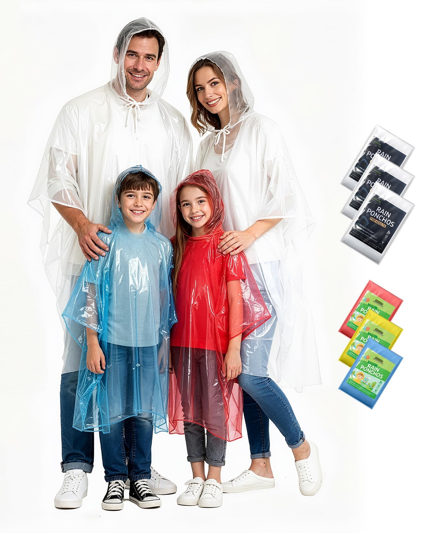 Hitituto Rain Ponchos Family Pack Kids– 6/12/24 Pack Disposable Poncho with Hood, Clear & Assorted Colors, Home Survival Kits