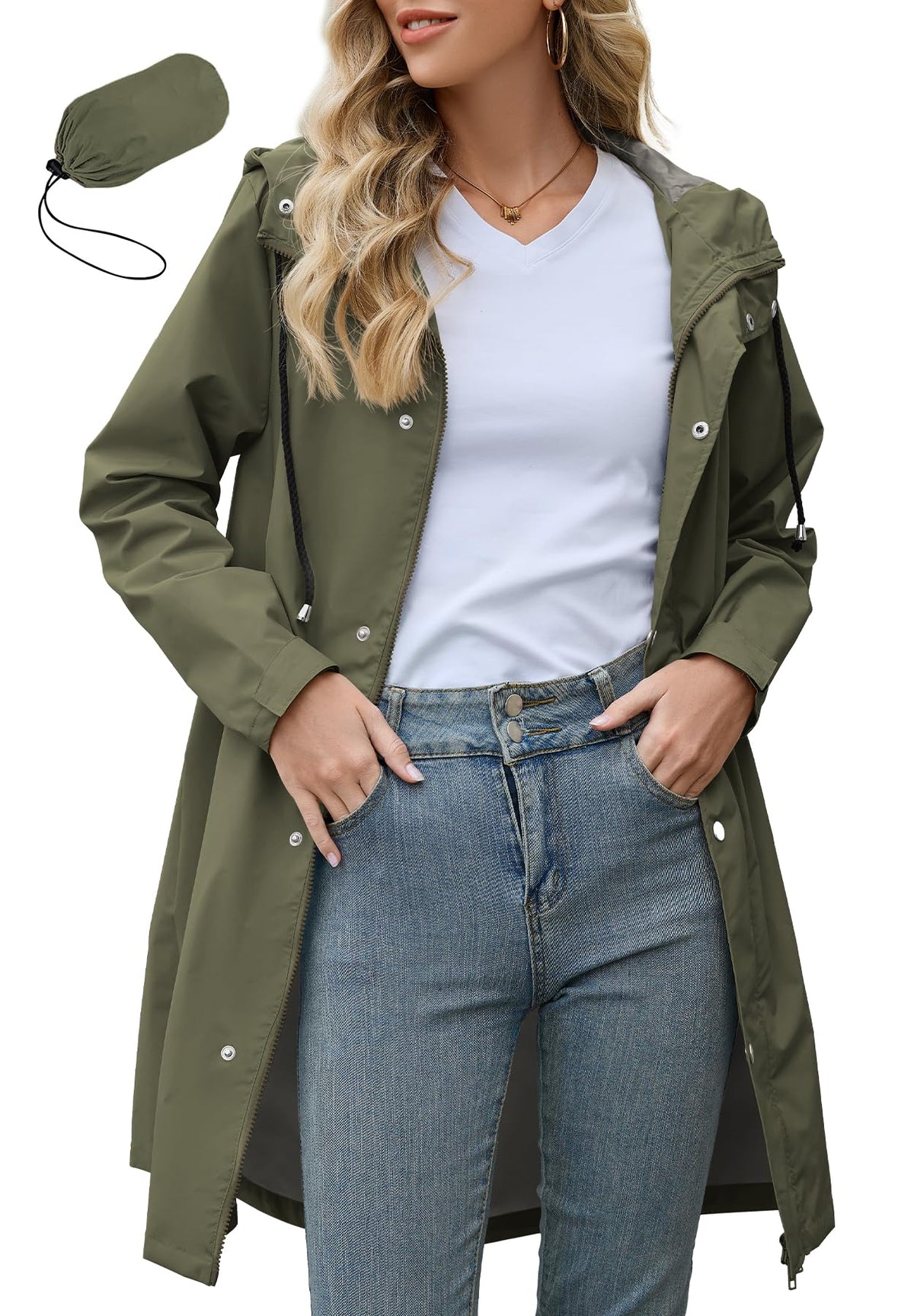 Zando Long Packable Rain Jacket Women Waterproof Raincoat with Hood | Relaxed-Fit Lightweight Windbreaker for Women; Travel Rain Coats for Commute, Hiking, Cruise, and Daily wear