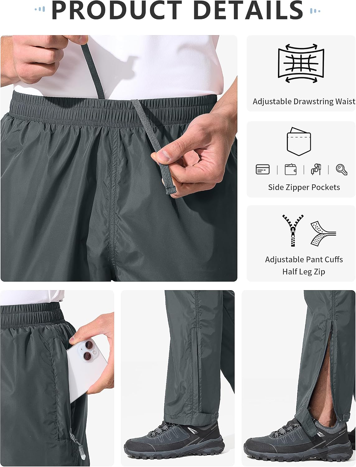 UIQUR Mens Rain Pants Waterproof Hiking Pants | Lightweight Packable Half Leg Zip Pant Cuffs for Hiking, Cycling, Running, Fishing ,Golf,Rainy-day work