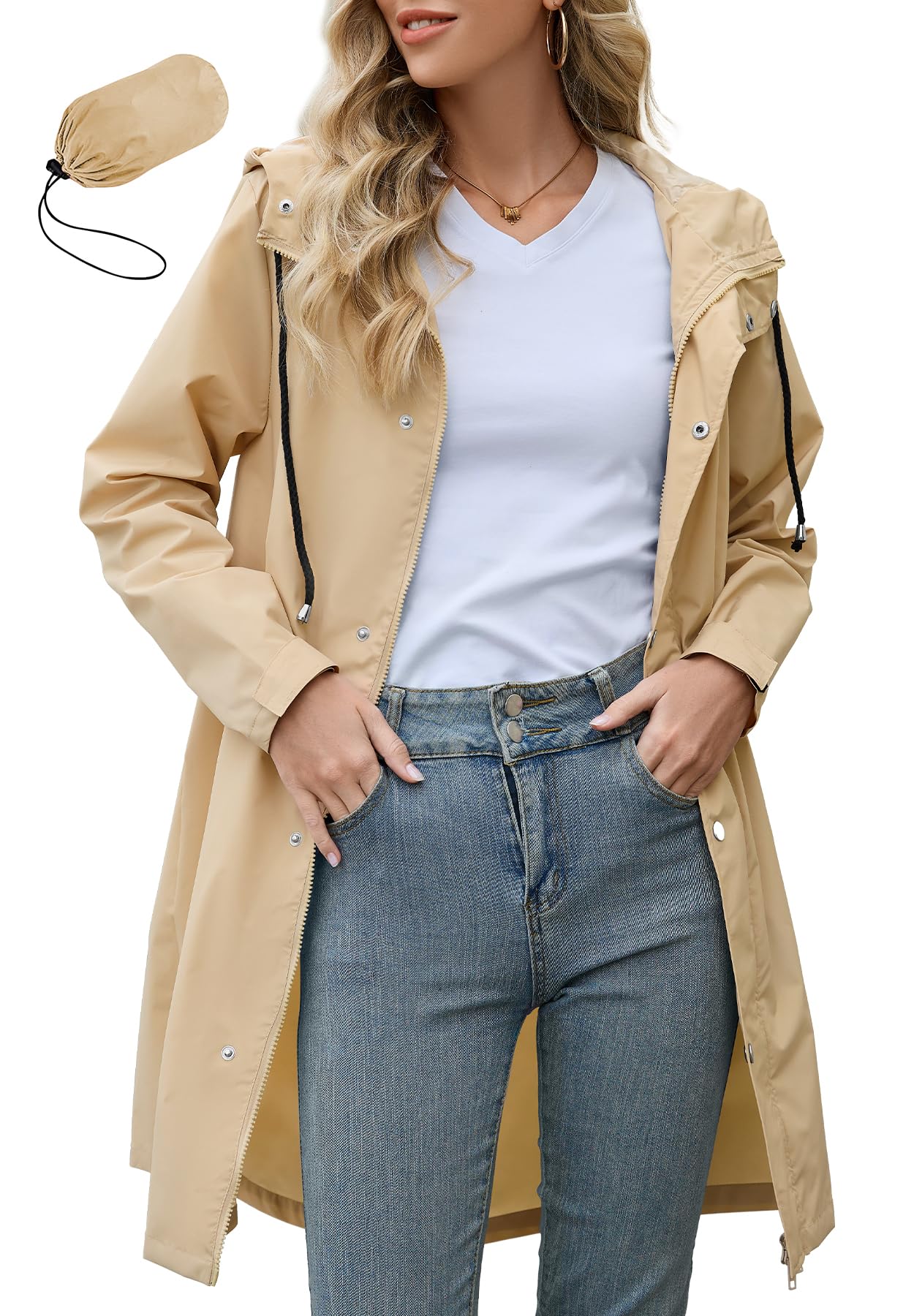 Zando Long Packable Rain Jacket Women Waterproof Raincoat with Hood | Relaxed-Fit Lightweight Windbreaker for Women; Travel Rain Coats for Commute, Hiking, Cruise, and Daily wear