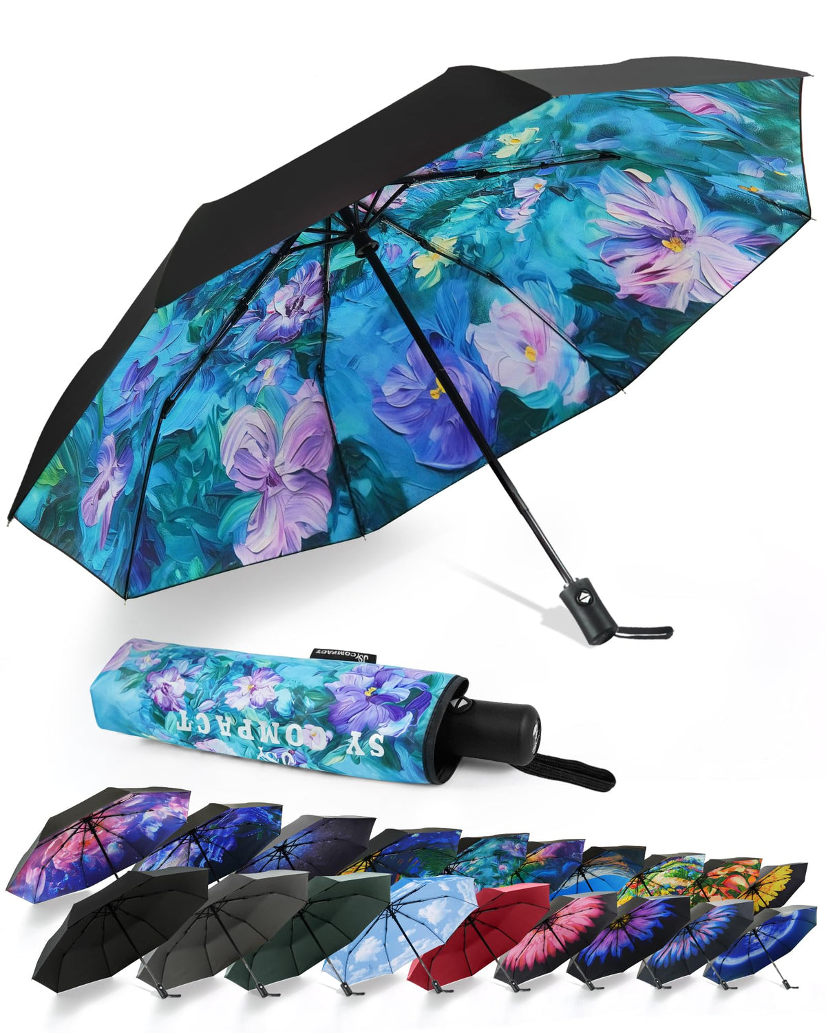 SY COMPACT Travel Umbrella - Windproof Automatic Compact Umbrellas for Rain | Small & Portable, UV Sun Protection, 11" Folded Travel Size, Fits in Backpack & Car, for Walking & Commutes, Factory Direct