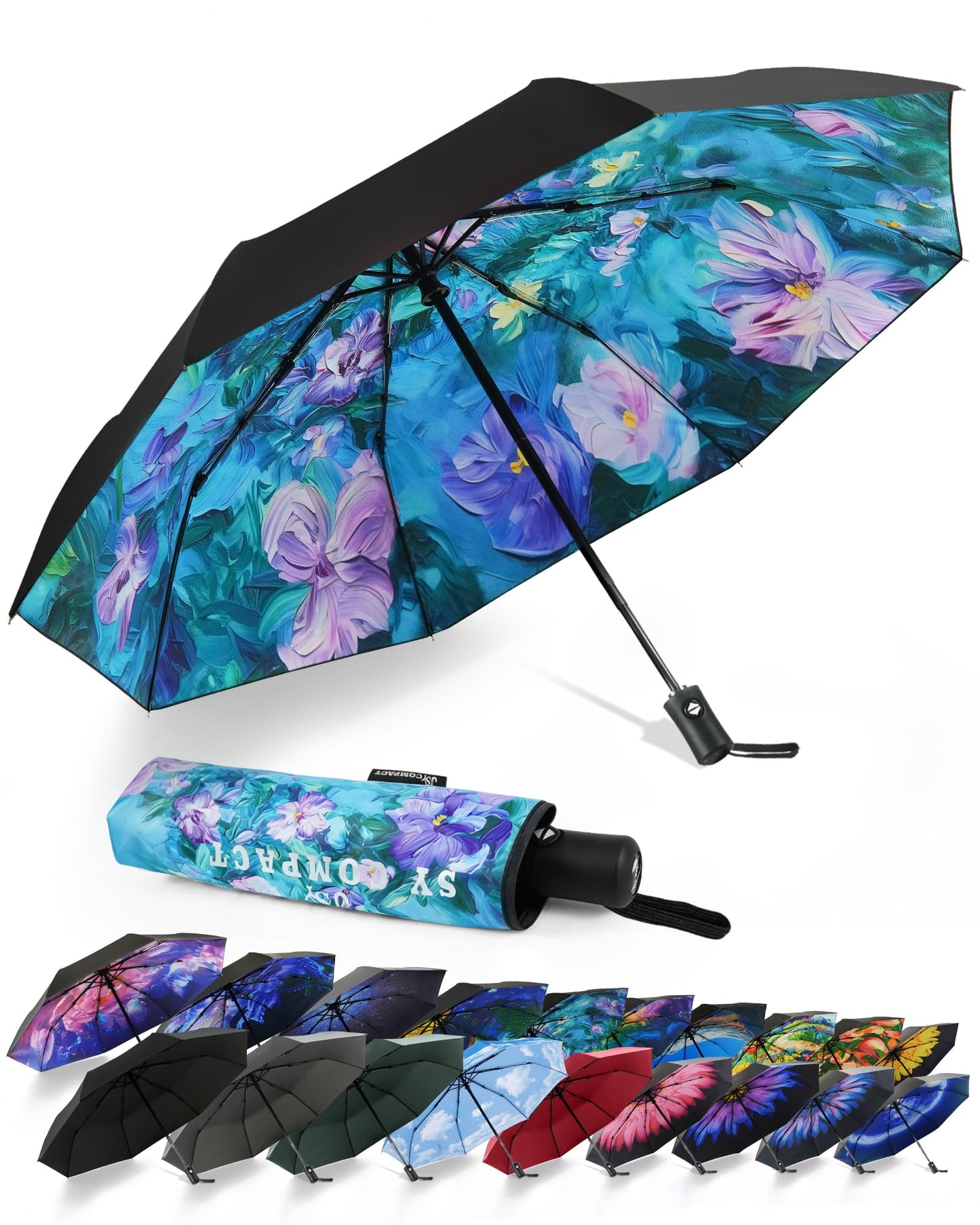 SY COMPACT Travel Umbrella - Windproof Automatic Compact Umbrellas for Rain | Small & Portable, UV Sun Protection, 11" Folded Travel Size, Fits in Backpack & Car, for Walking & Commutes, Factory Direct