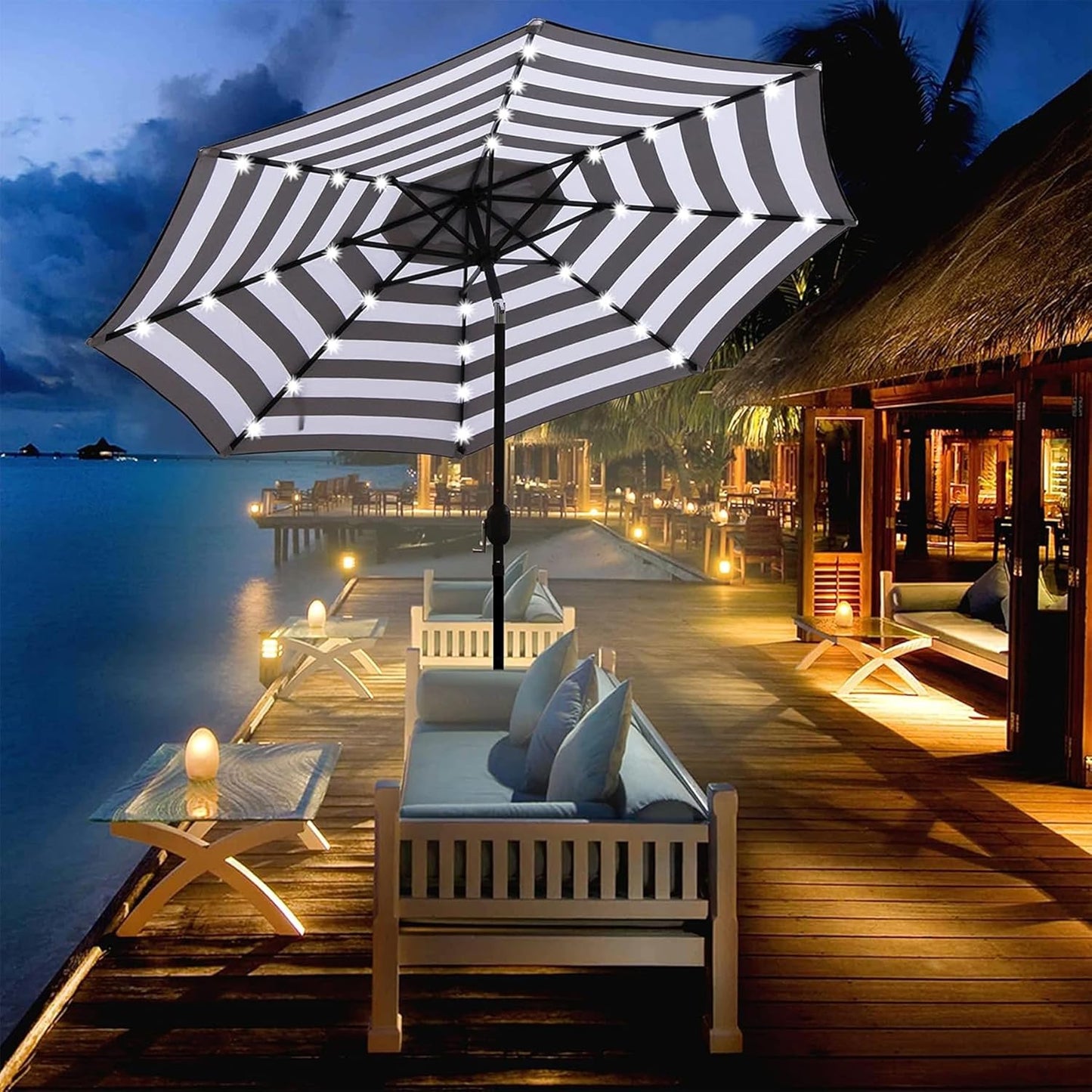 9 ft Solar Umbrella 32 LED Lighted Patio Umbrella Table Market Umbrella with Tilt and Crank Outdoor Umbrella for Garden, Deck, Backyard, Pool and Beach (Black and White)