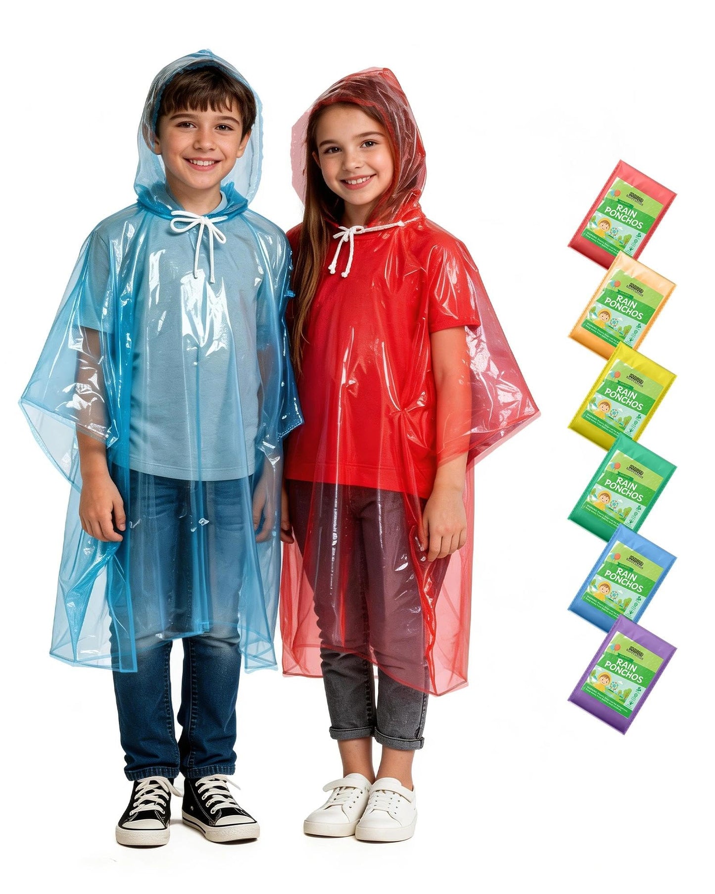 Hitituto Rain Ponchos Family Pack Kids– 6/12/24 Pack Disposable Poncho with Hood, Clear & Assorted Colors, Home Survival Kits