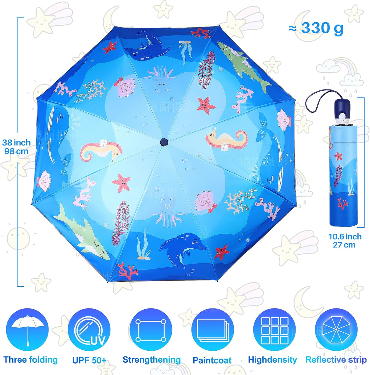 Hannstar Automatic Kids Umbrella, Folding Telescopic Toddler Umbrella for girls & boys, UV/Sun Protection - Strong and Portable - Compact, Durable, Lightweight Cute Kitty Brolly
