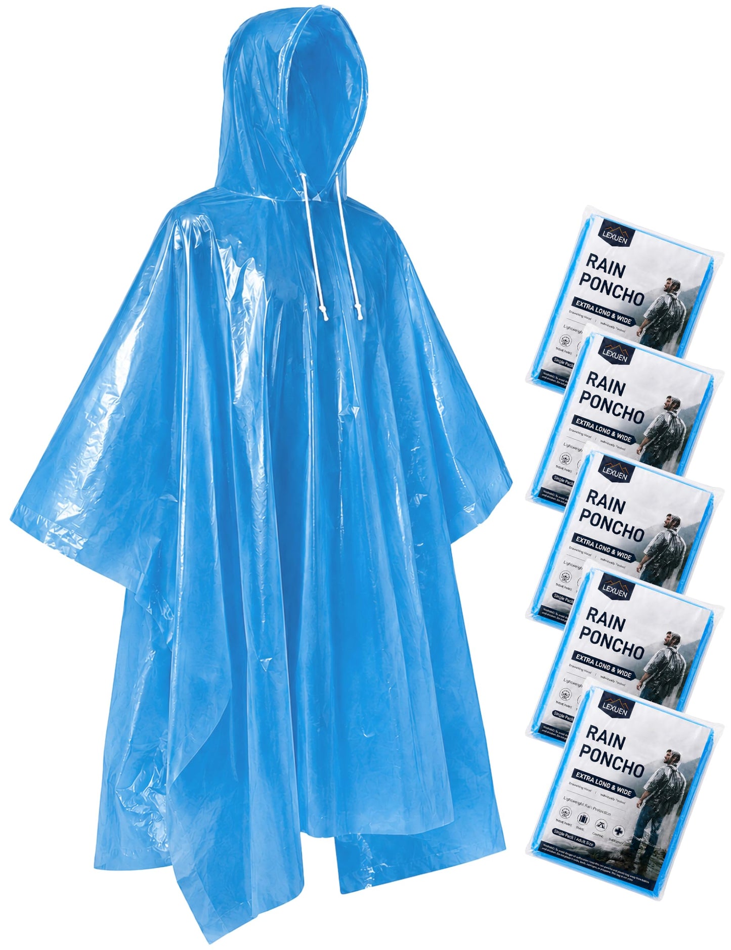 Disposable Rain Ponchos for Adults, Extra Long and Thickened with Drawstring Hood (5 Pack)