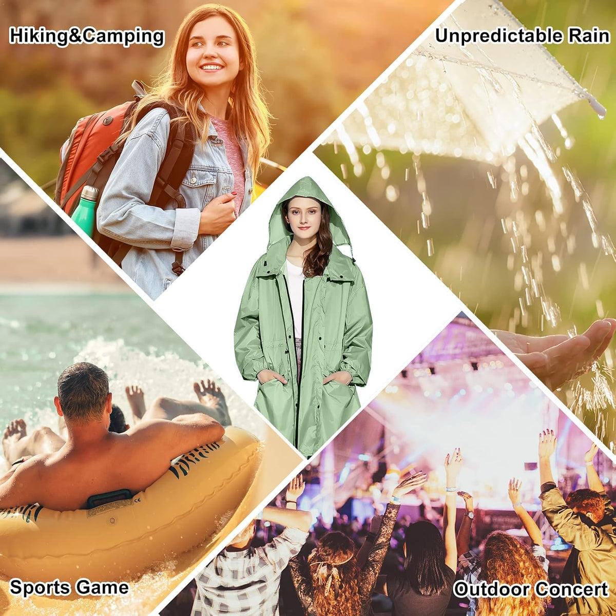 LAMA Womens Long Raincoats Rain Jacket Waterproof Packable Hooded Windbreaker Lightweight Adjustable Waist for Outdoor