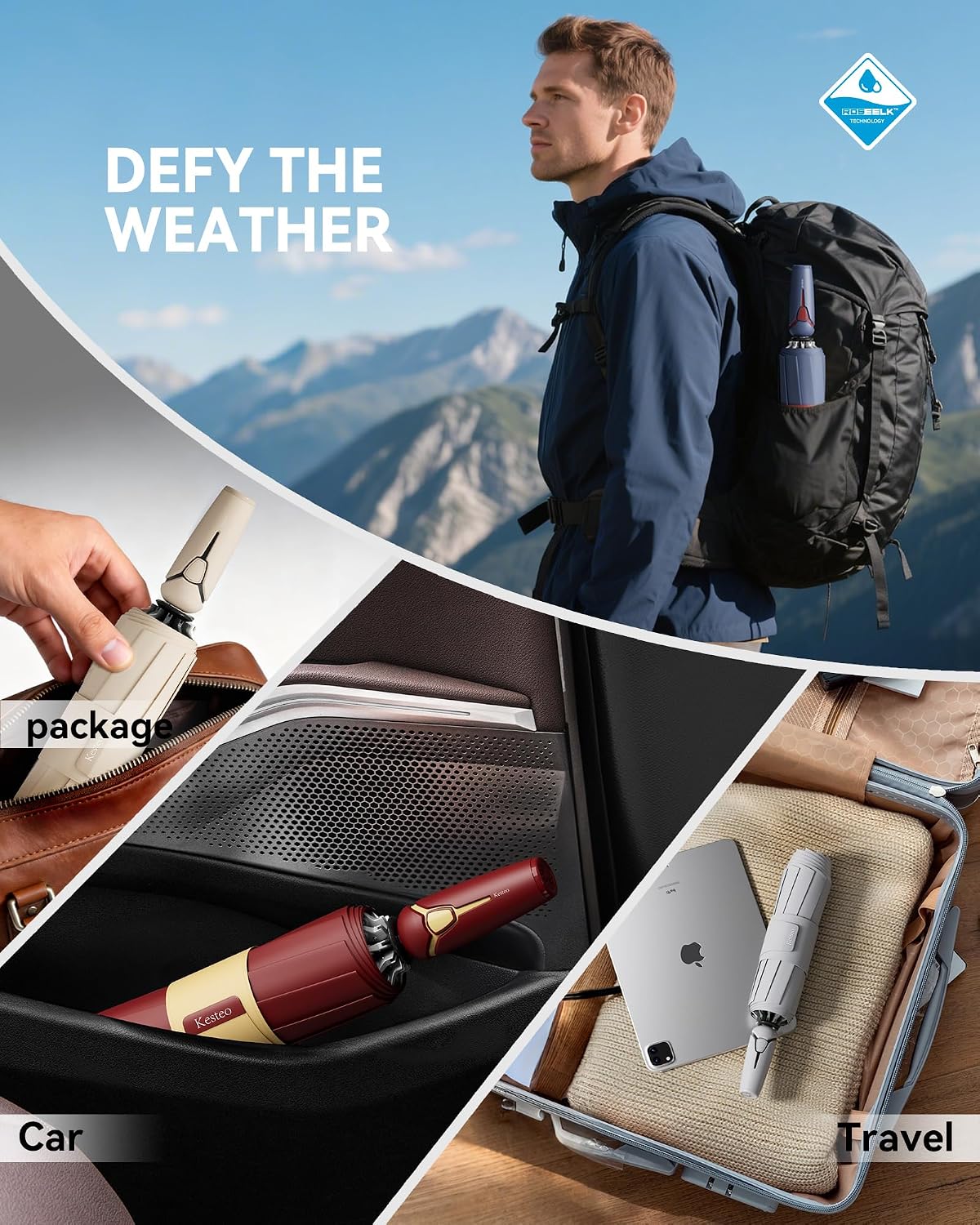 Windproof Travel Umbrella for Rain, Withstand 85MPH Winds, 52 Inch Automatic Reverse Fold Umbrellas Easy Auto Open Close, Portable Compact Umbrella Includes Cover Bag, Perfect for Travel, Car, Commute, Women Men, Backpack