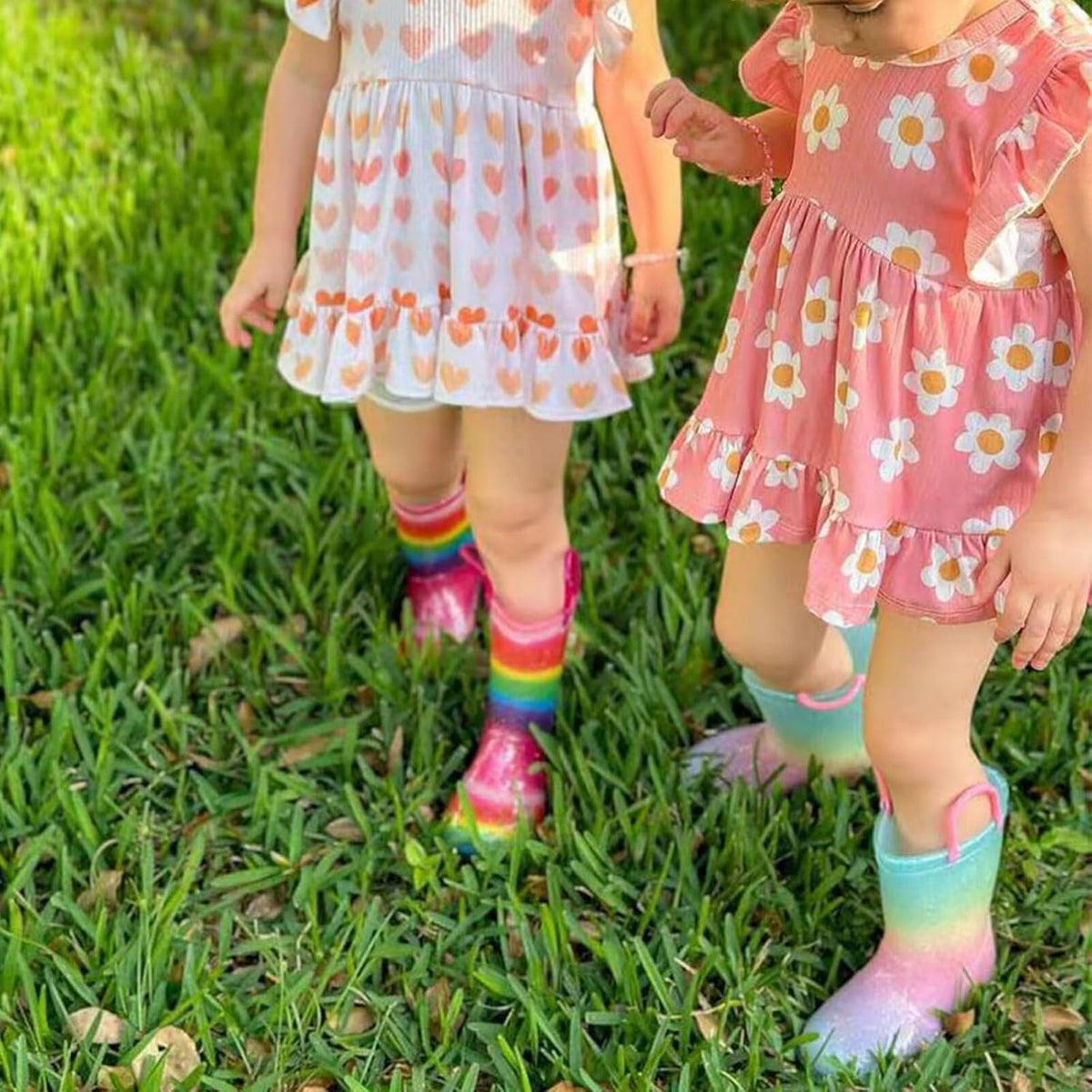 EUXTERPA Toddler Kids Light-Up Rain Boots | Waterproof, Glitter, Cartoon Pattern, Easy-On Handles, LED Flashing Non-Slip Sole, Puddle Play, Outdoor, Children Girls Boys