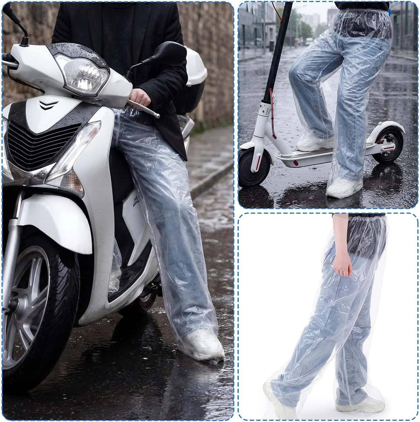 2 Pcs Disposable Rain Pants, Unisex Adult Long Tube Rain Pant with Shoe Cover Waterproof Thickened Long Pant Boot Covers for Outdoor Activities Fishing Travel Cycling (White, Blue)