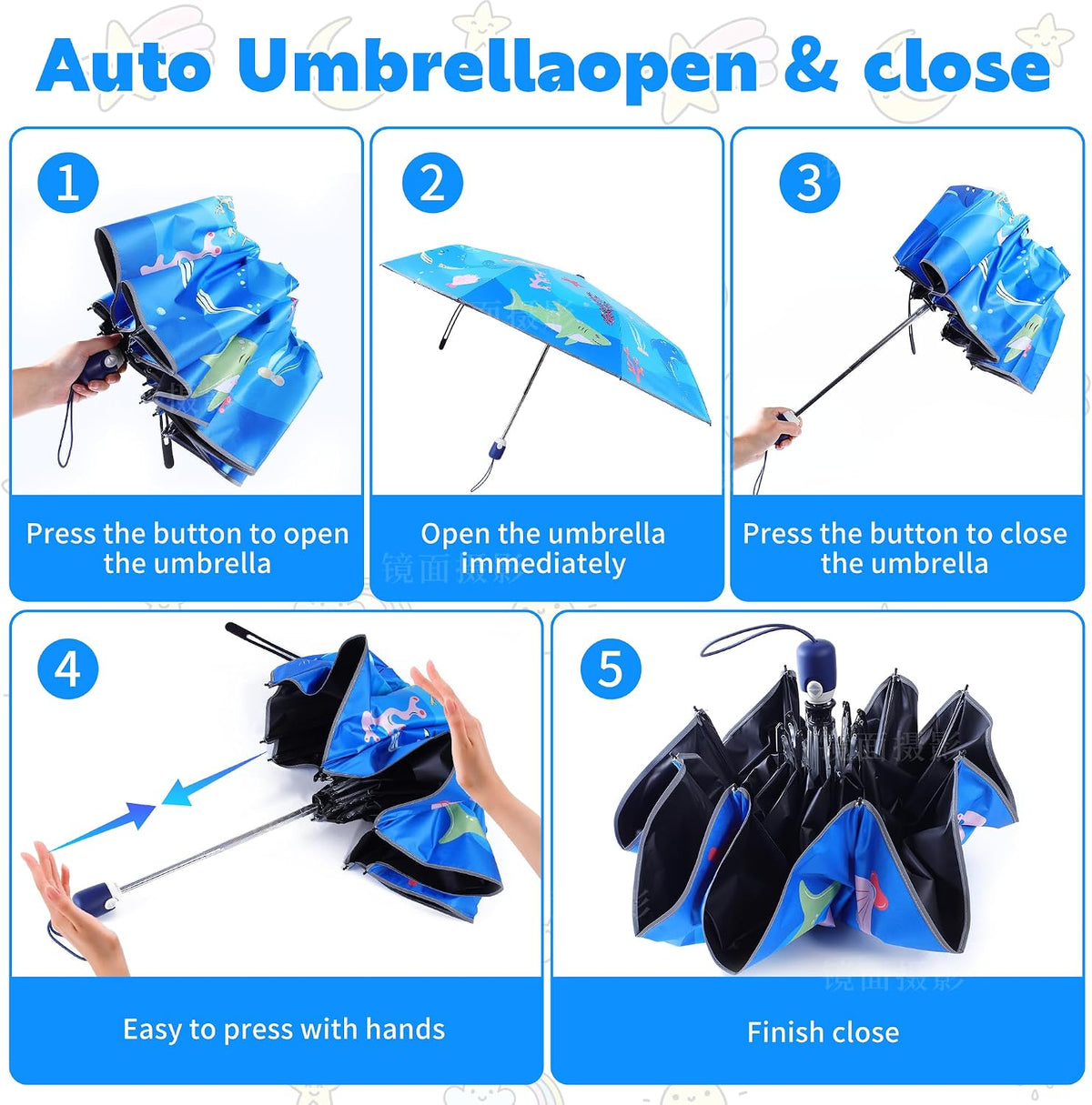 Hannstar Automatic Kids Umbrella, Folding Telescopic Toddler Umbrella for girls & boys, UV/Sun Protection - Strong and Portable - Compact, Durable, Lightweight Cute Kitty Brolly