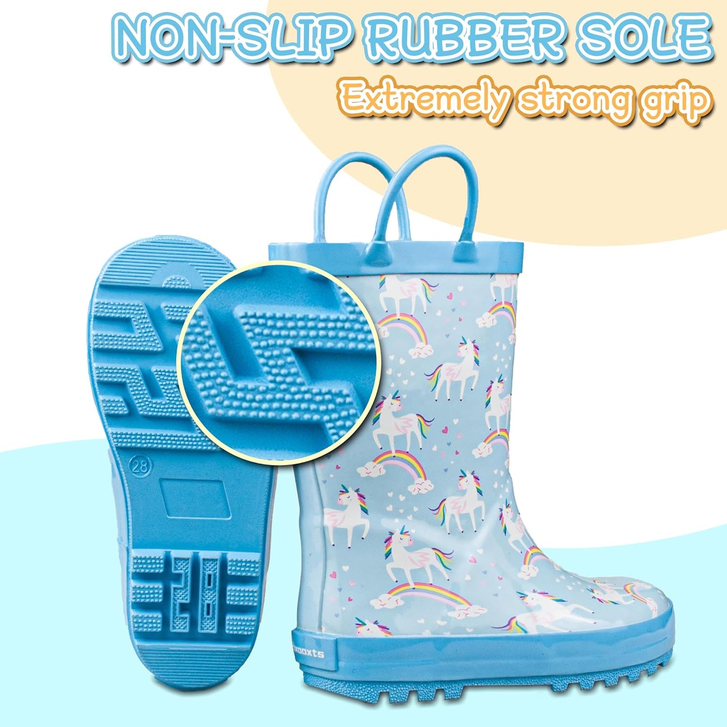 Hbxooxts Kids Rain Boots - Toddler Waterproof Rubber Kids Rain Boots for Girls and Boys with Fun Patterns and Easy-On Handles