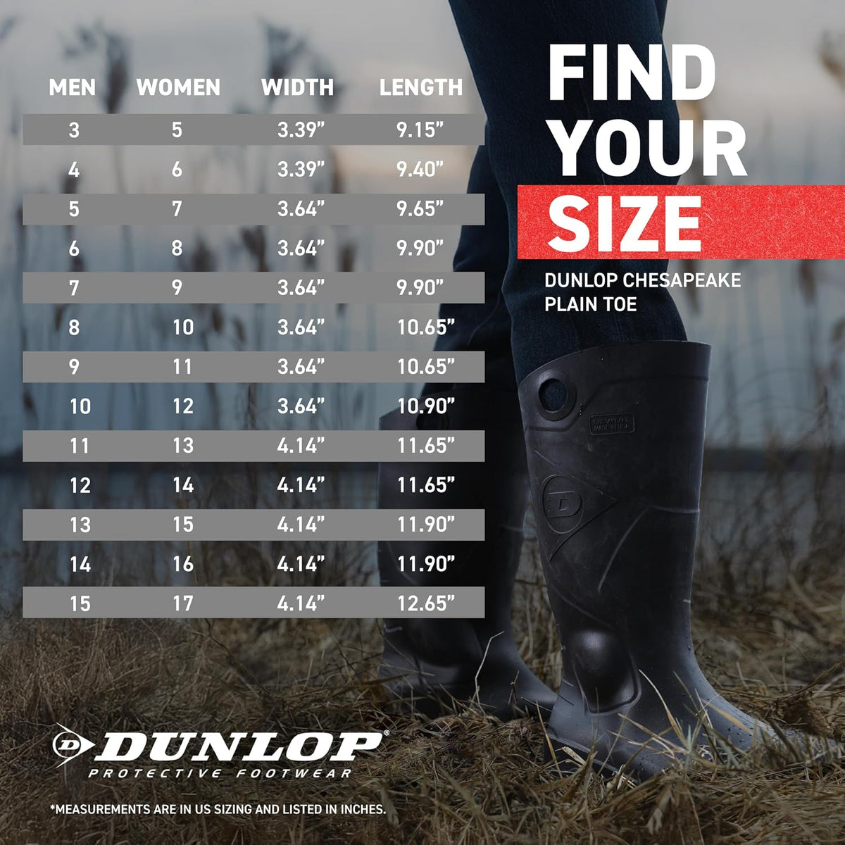 Dunlop Chesapeake Rubber Boots for Men & Women – PVC - Waterproof - Lightweight Garden, Fishing & Rain Boots with Soft Toe and Wide Calf – Black – Size 3–15