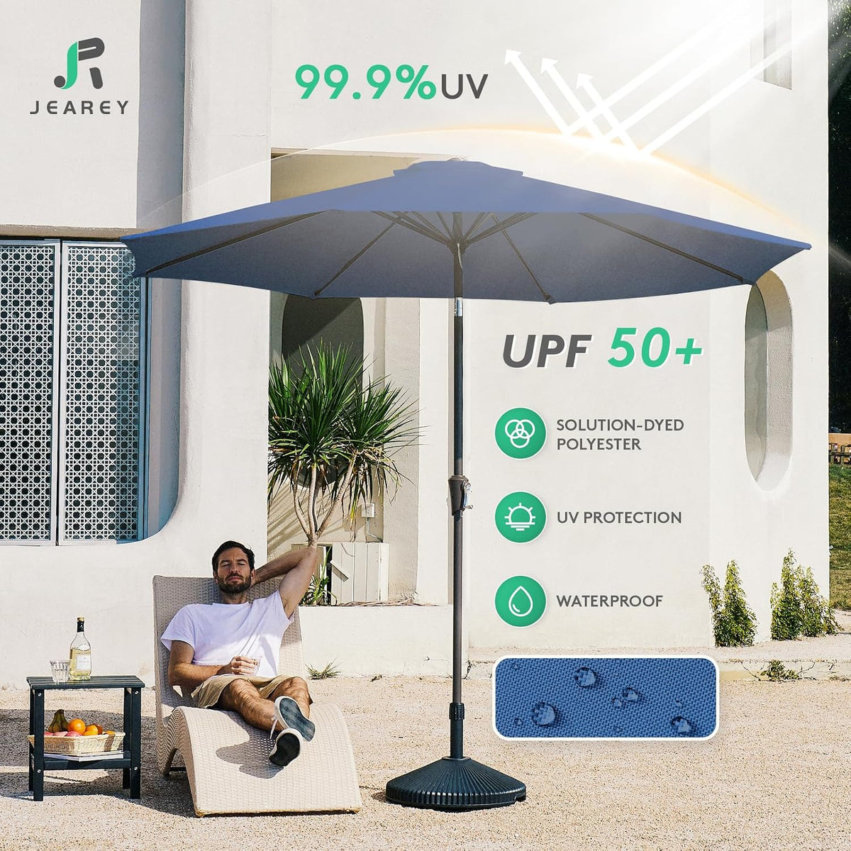 JEAREY 9FT Outdoor Patio Umbrella, Market Umbrella, Dark Blue | Outdoor Table Umbrellas with 8 Sturdy, Tilt & Crank UV Protection Waterproof for Garden, Deck, Backyard, Pool