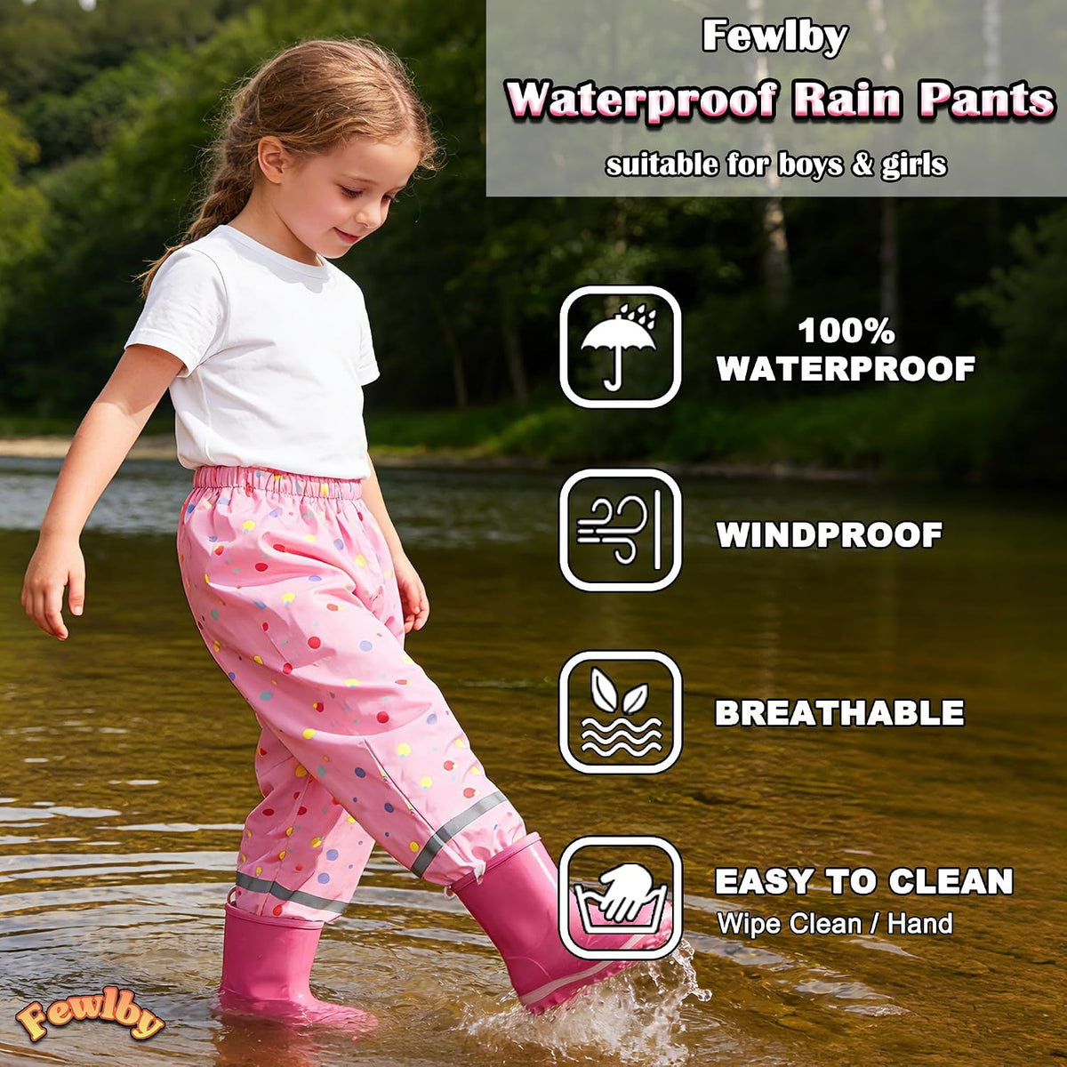 Fewlby Kids Rain Pants Toddler Waterproof Trousers Lightweight for Boys Girls