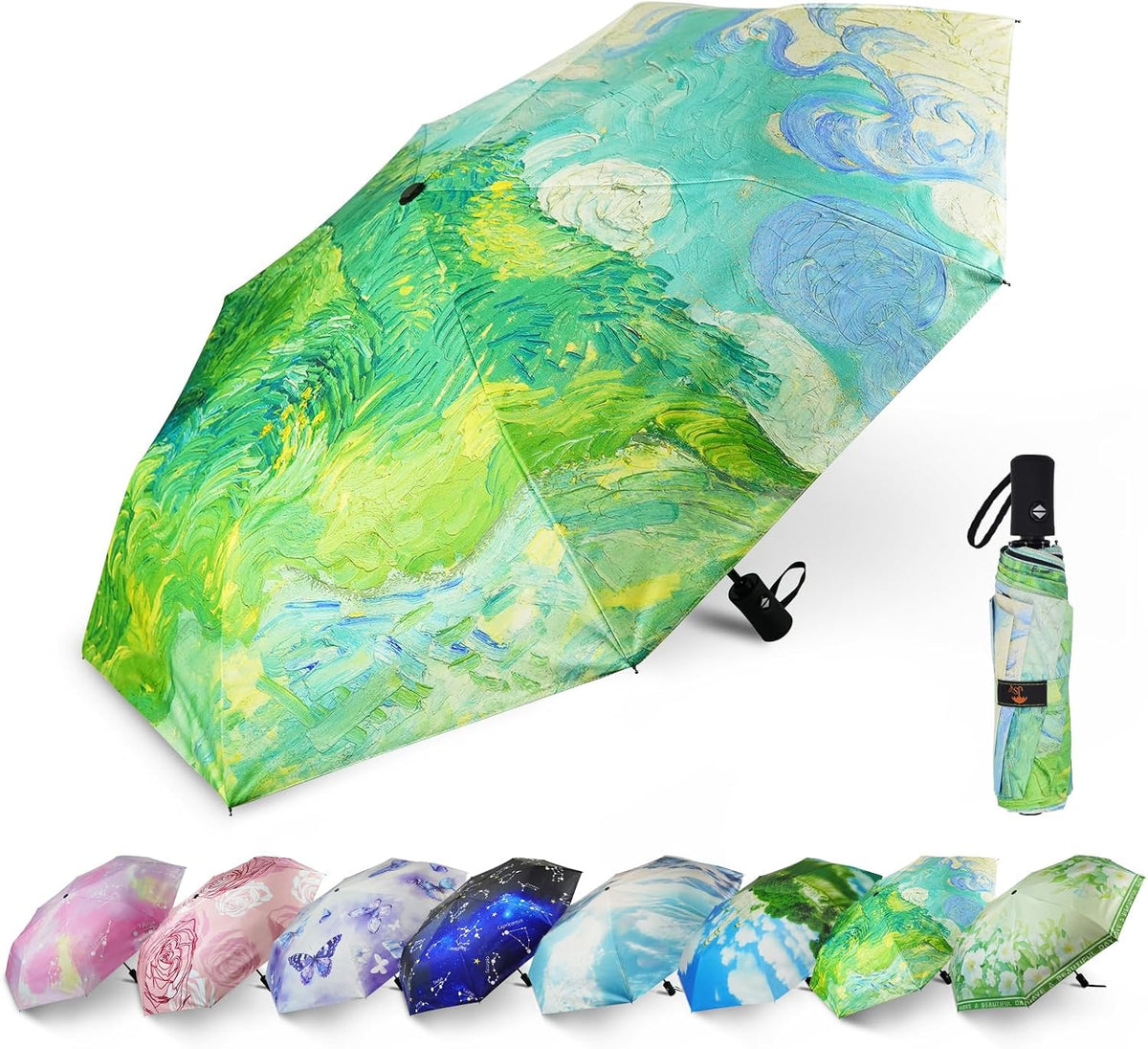 SY COMPACT Travel Umbrella - Windproof Automatic Compact Umbrellas for Rain | Small & Portable, UV Sun Protection, 11" Folded Travel Size, Fits in Backpack & Car, for Walking & Commutes, Factory Direct