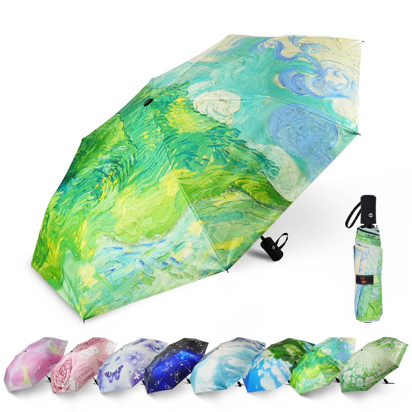 SY COMPACT Travel Umbrella - Windproof Automatic Compact Umbrellas for Rain | Small & Portable, UV Sun Protection, 11" Folded Travel Size, Fits in Backpack & Car, for Walking & Commutes, Factory Direct