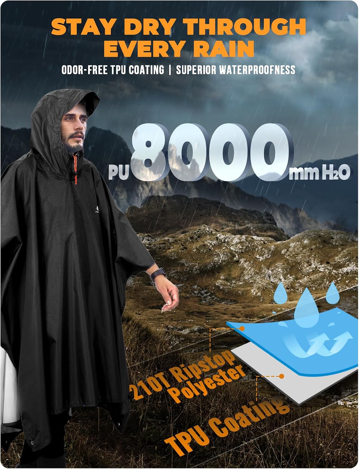 ANYOO Hooded Rain Poncho for Adult Waterproof Lightweight Raincoat | Reusable Rain Jacket for Men Women Portable Pouch & Packable Design,Emergency Travel Rain Ponchos for Outdoor Hiking Camping