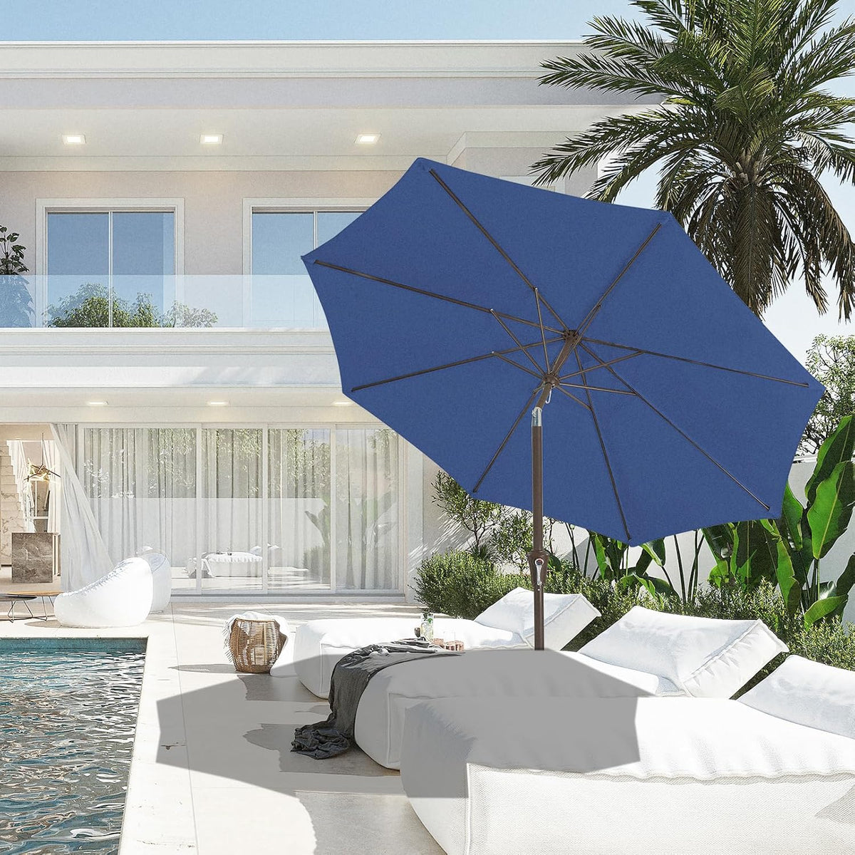 JEAREY 9FT Outdoor Patio Umbrella, Market Umbrella, Dark Blue | Outdoor Table Umbrellas with 8 Sturdy, Tilt & Crank UV Protection Waterproof for Garden, Deck, Backyard, Pool
