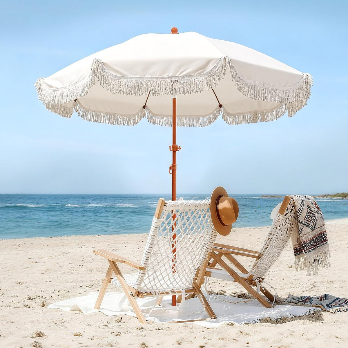 Jihfmo 7.3ft Cream/White Boho Fringe Beach Umbrella, 8mm Ribs, Sand Anchor | UPF 50+ 160G Polyester, Zinc Alloy Tilt 30°, Windproof Cotton Fringe — Perfect for Beach, Patio, Garden & Outdoor Weddings