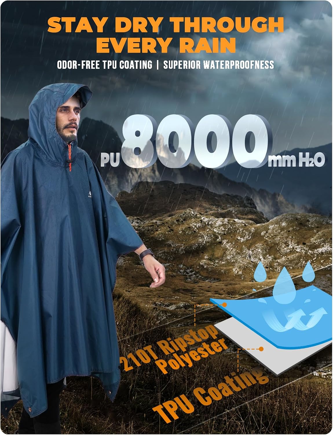 ANYOO Hooded Rain Poncho for Adult Waterproof Lightweight Raincoat | Reusable Rain Jacket for Men Women Portable Pouch & Packable Design,Emergency Travel Rain Ponchos for Outdoor Hiking Camping