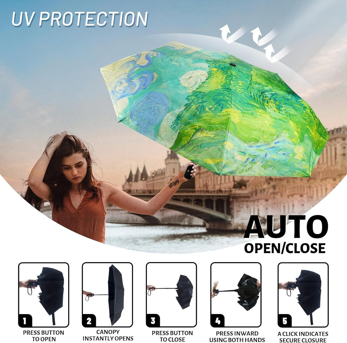 SY COMPACT Travel Umbrella - Windproof Automatic Compact Umbrellas for Rain | Small & Portable, UV Sun Protection, 11" Folded Travel Size, Fits in Backpack & Car, for Walking & Commutes, Factory Direct