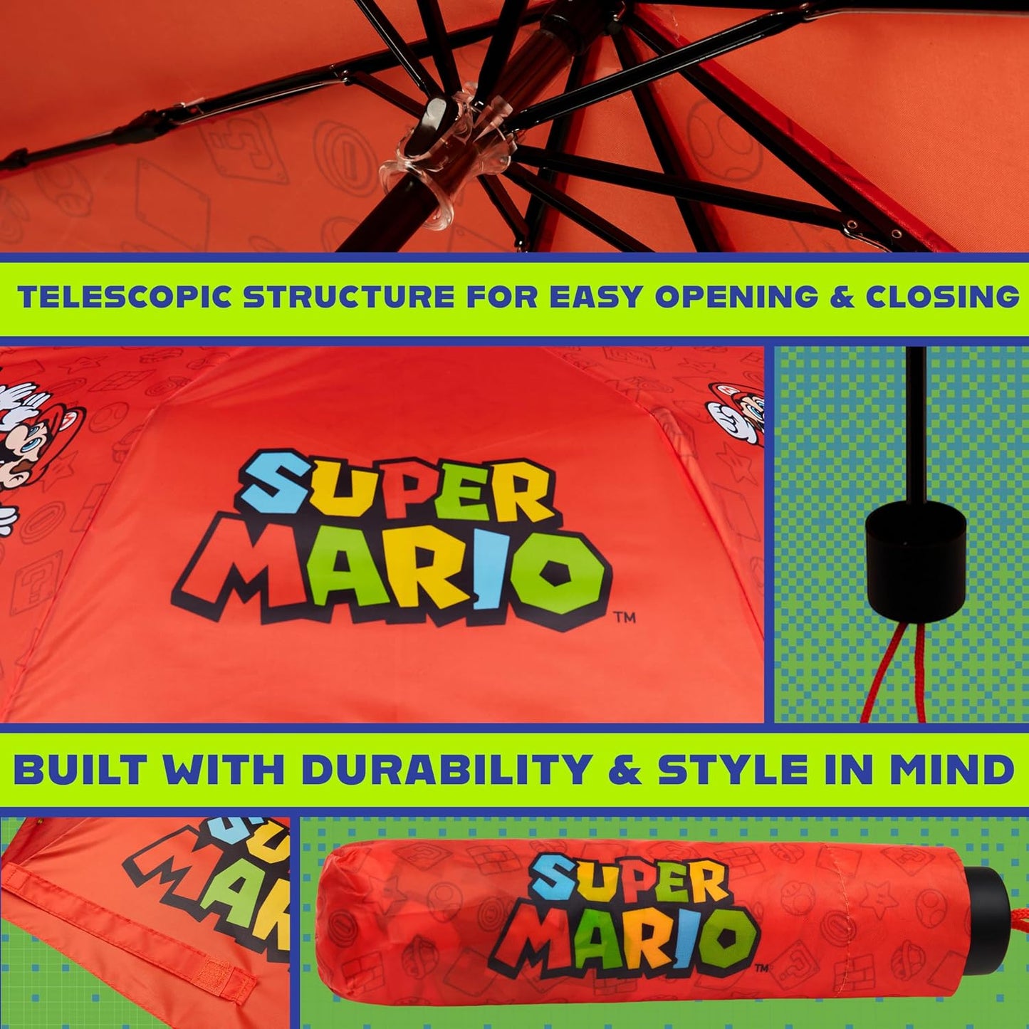 Get Trend Super Mario One Piece Hello Kitty Kids Windproof Travel Umbrella | Strong Folding Compact Umbrellas for Rain, Lightweight, Portable Kids Travel Essentials, Fits Backpack & Car, Gifts for Boys